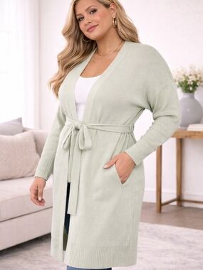 G by Giuliana Green Duster Cardigan 1XP Belted Long Knit Side Pockets
